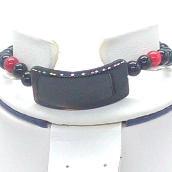 Adjustable Corded Beaded Bracelet Glass Black Red Beads - Picture 2 of 6